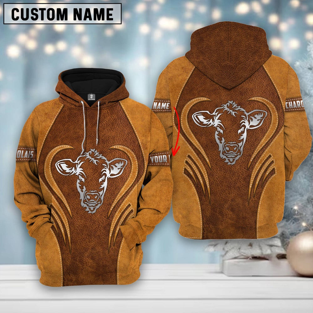 Custom Name Farm Charolais Lovers Heart Leather Pattern Merry Christmas 3D Printed Hoodie, Farmer Hoodie, Custom Farm Shirts, Farmer T Shirt