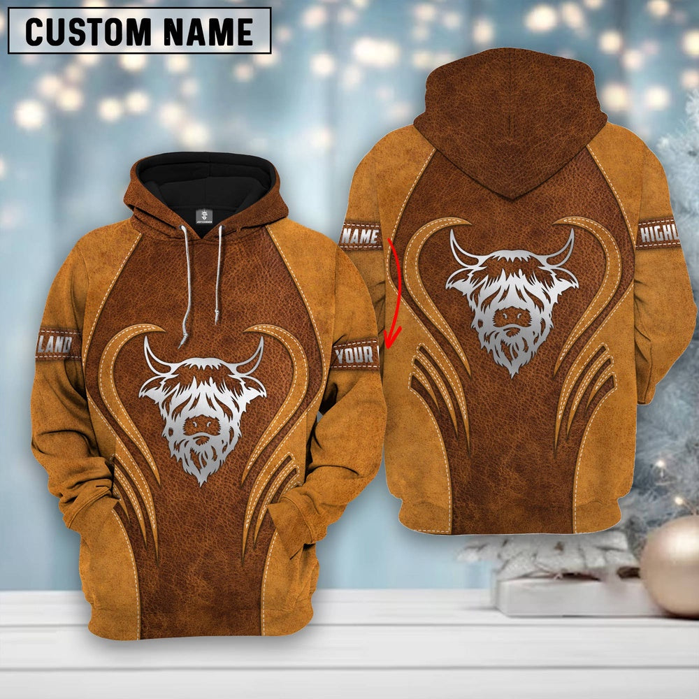 Custom Name Farm Highland Lovers Heart Leather Pattern Merry Christmas 3D Printed Hoodie, Farmer Hoodie, Custom Farm Shirts, Farmer T Shirt