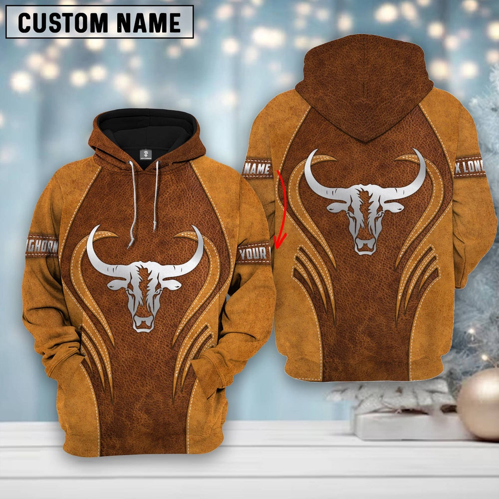 Custom Name Farm Texas Longhorn Lovers Heart Leather Pattern Merry Christmas 3D Printed Hoodie, Farmer Hoodie, Custom Farm Shirts, Farmer T Shirt