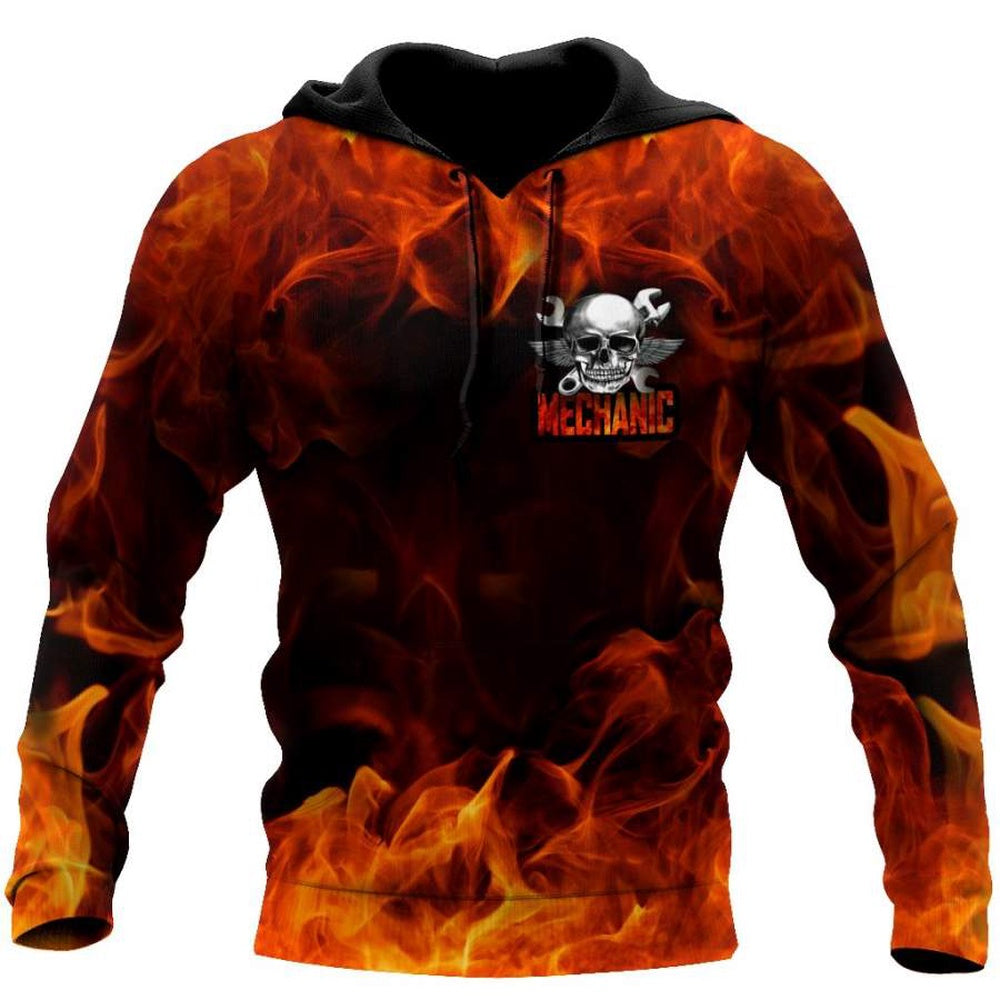 Custom Name Fire Skull Mechanic Skull Printed 3D Hoodie, Farmer Hoodie, Custom Farm Shirts, Farmer T Shirt