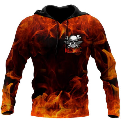 Custom Name Fire Skull Mechanic Skull Printed 3D Hoodie, Farmer Hoodie, Custom Farm Shirts, Farmer T Shirt