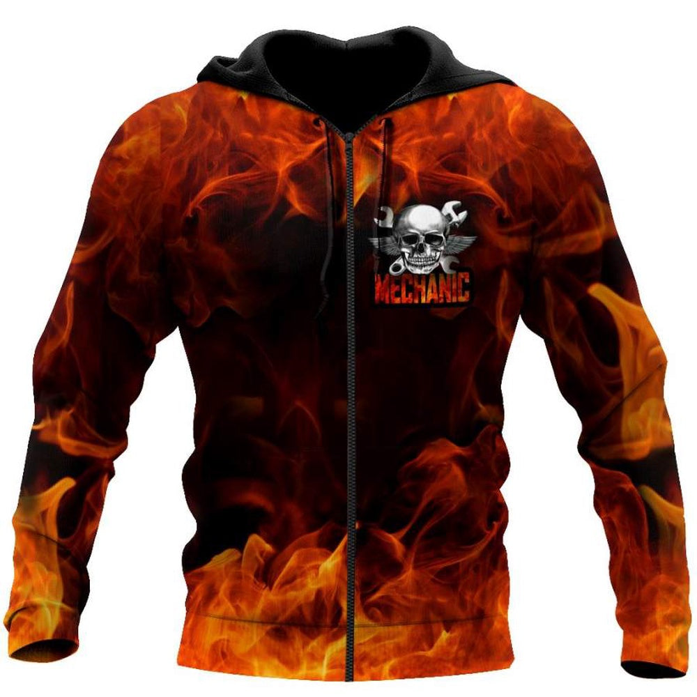 Custom Name Fire Skull Mechanic Skull Printed 3D Hoodie, Farmer Hoodie, Custom Farm Shirts, Farmer T Shirt
