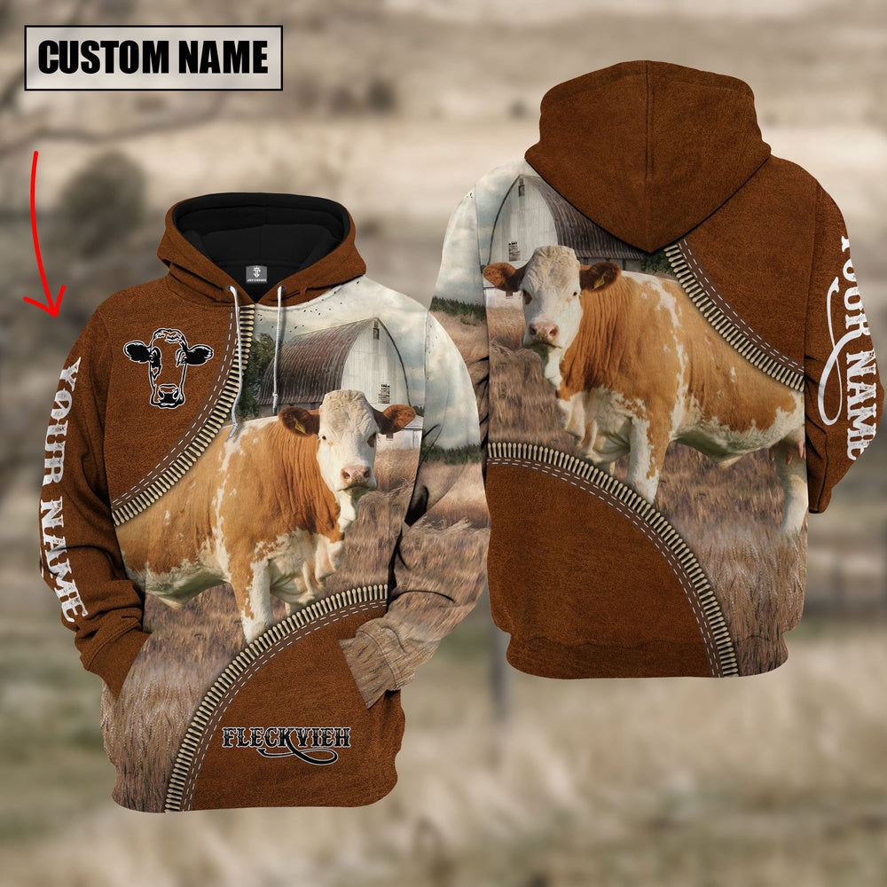 Custom Name Fleckvieh Cattle Leather Zipper 3D Hoodie, Farmer Hoodie, Custom Farm Shirts, Farmer T Shirt