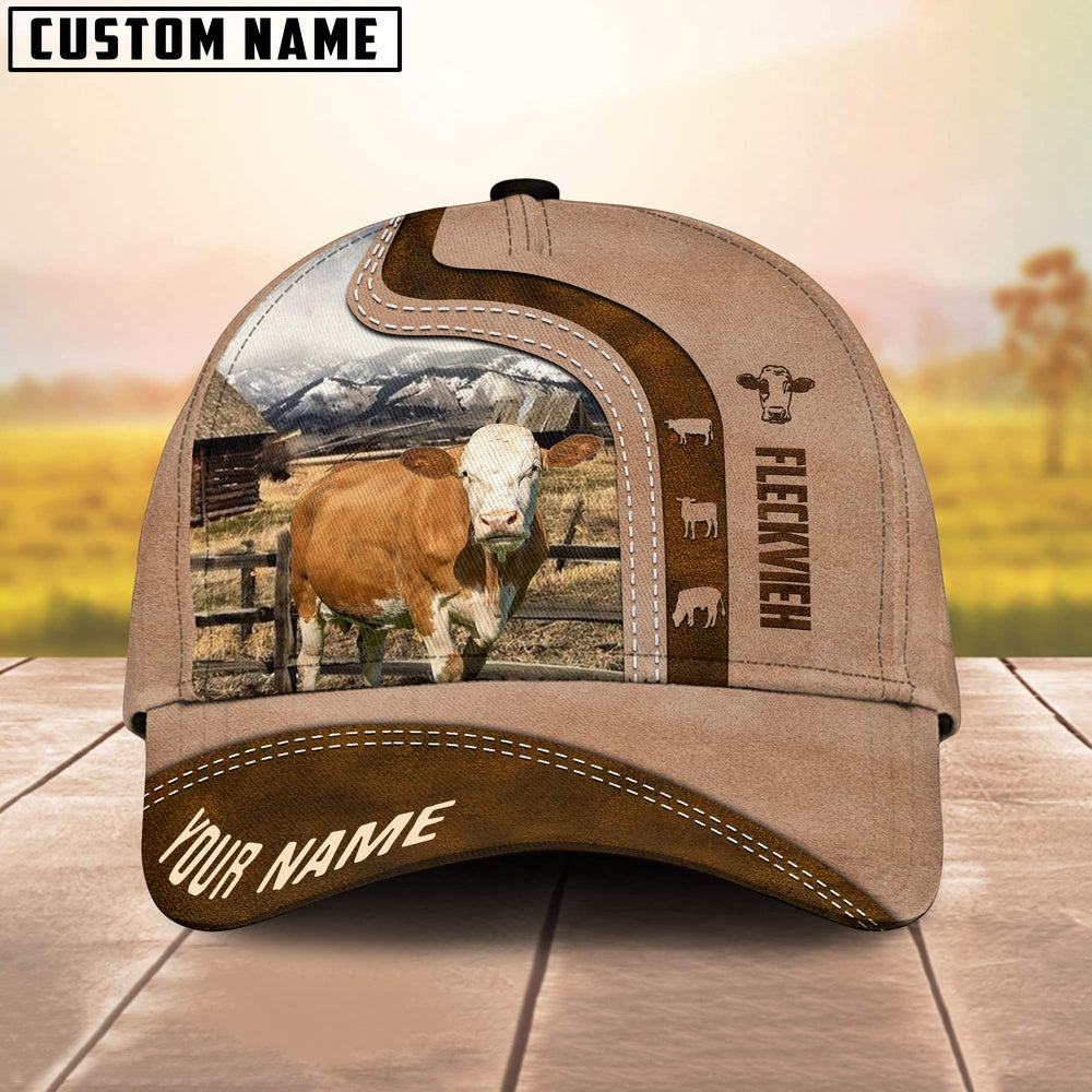 Custom Name Fleckvieh Cattle Light Brown Cap, Farmer Cap, Vintage Farmer Hat, Mens Farmer Hats, Cap For Farmers