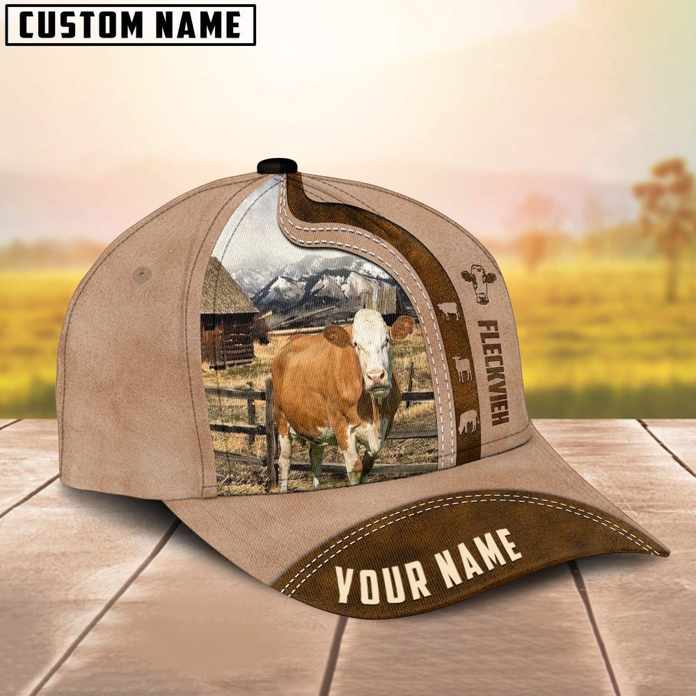 Custom Name Fleckvieh Cattle Light Brown Cap, Farmer Cap, Vintage Farmer Hat, Mens Farmer Hats, Cap For Farmers