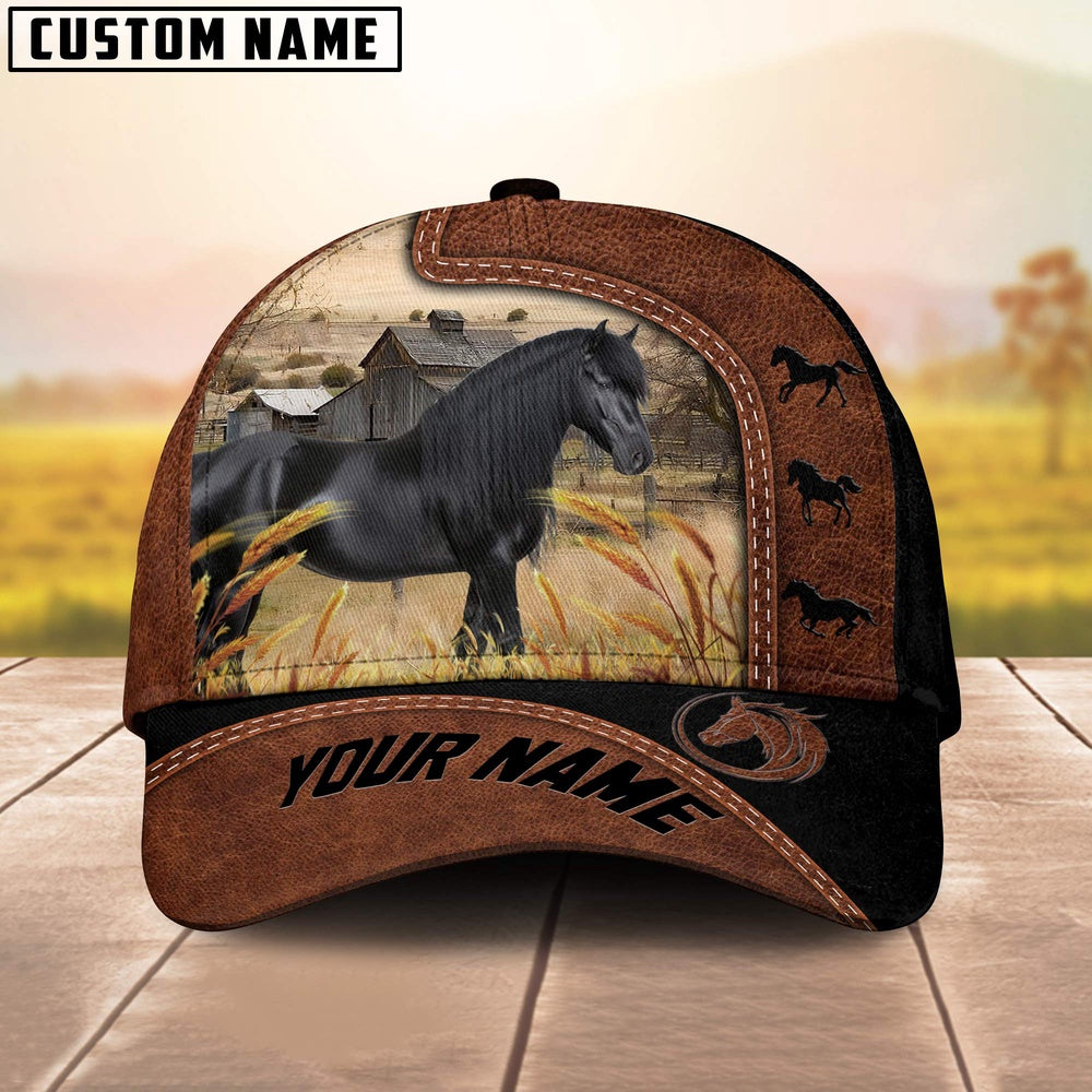 Custom Name Friesian Horses Cattle Brown Black Leather Pattern Cap, Farmer Cap, Vintage Farmer Hat, Mens Farmer Hats, Cap For Farmers