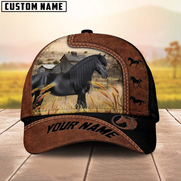 Custom Name Friesian Horses Cattle Brown Black Leather Pattern Cap, Farmer Cap, Vintage Farmer Hat, Mens Farmer Hats, Cap For Farmers