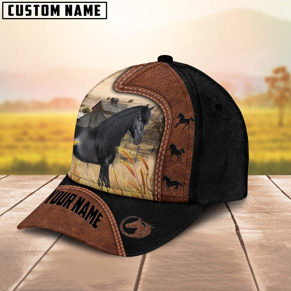 Custom Name Friesian Horses Cattle Brown Black Leather Pattern Cap, Farmer Cap, Vintage Farmer Hat, Mens Farmer Hats, Cap For Farmers