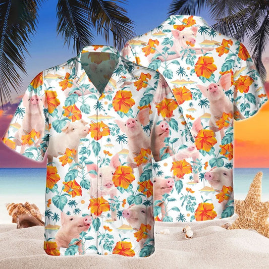 Custom Name Funny Pig Hibiscus Flowers All 3D Printed Hawaiian shirt, Farm Hawaiian Shirt, Farmer Hawaii