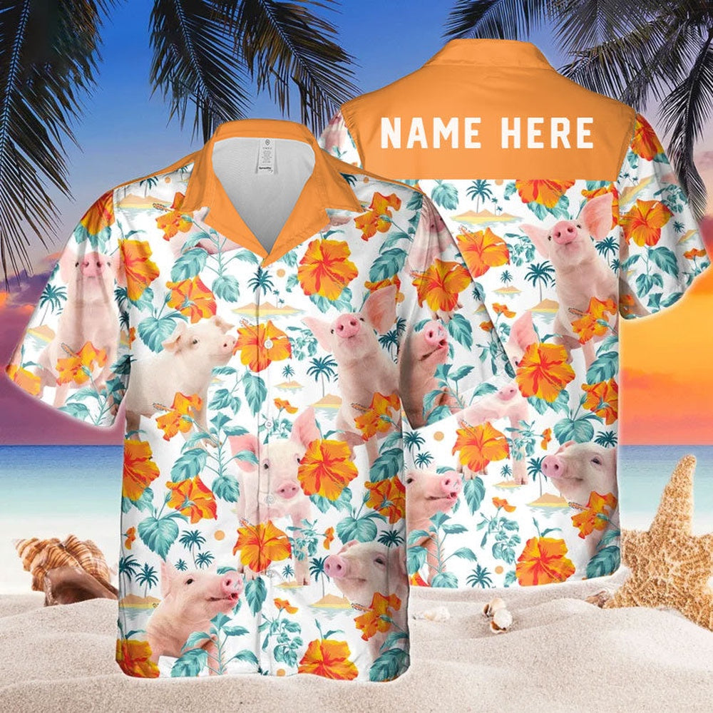 Custom Name Funny Pig Hibiscus Flowers All 3D Printed Hawaiian shirt, Farm Hawaiian Shirt, Farmer Hawaii