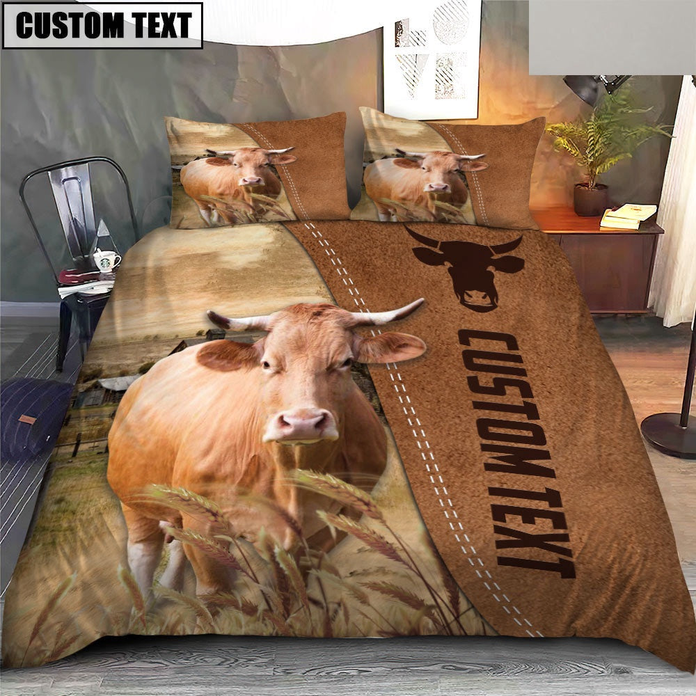 Custom Name Gelbvieh Cattle Brown Bedding Set, Farm Bedding Set, Farmhouse Bedding Set