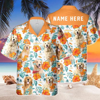 Custom Name Golden Retriever Dog Hibiscus Flowers All 3D Printed Hawaiian shirt, Farm Hawaiian Shirt, Farmer Hawaii