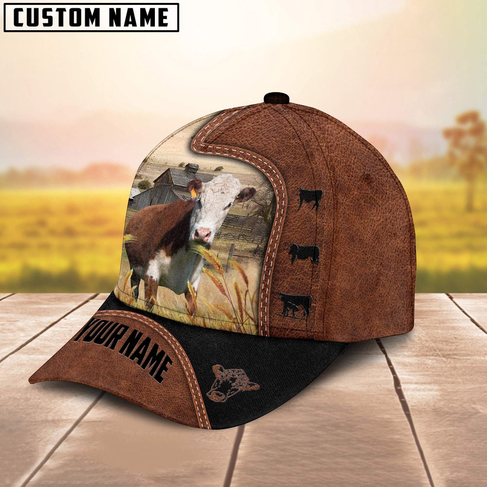 Custom Name Hereford Brown Black Leather Pattern Cap, Farmer Cap, Vintage Farmer Hat, Mens Farmer Hats, Cap For Farmers
