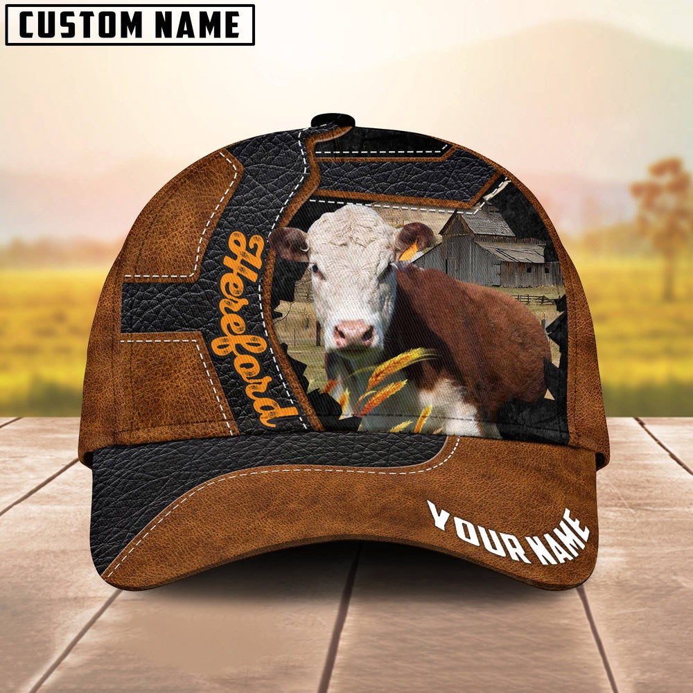 Custom Name Hereford Brown Leather Pattern 3D Cap, Farmer Cap, Vintage Farmer Hat, Mens Farmer Hats, Cap For Farmers