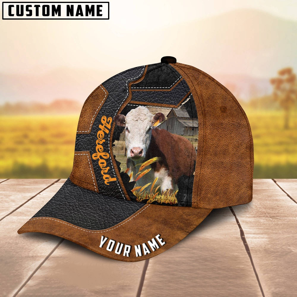 Custom Name Hereford Brown Leather Pattern 3D Cap, Farmer Cap, Vintage Farmer Hat, Mens Farmer Hats, Cap For Farmers