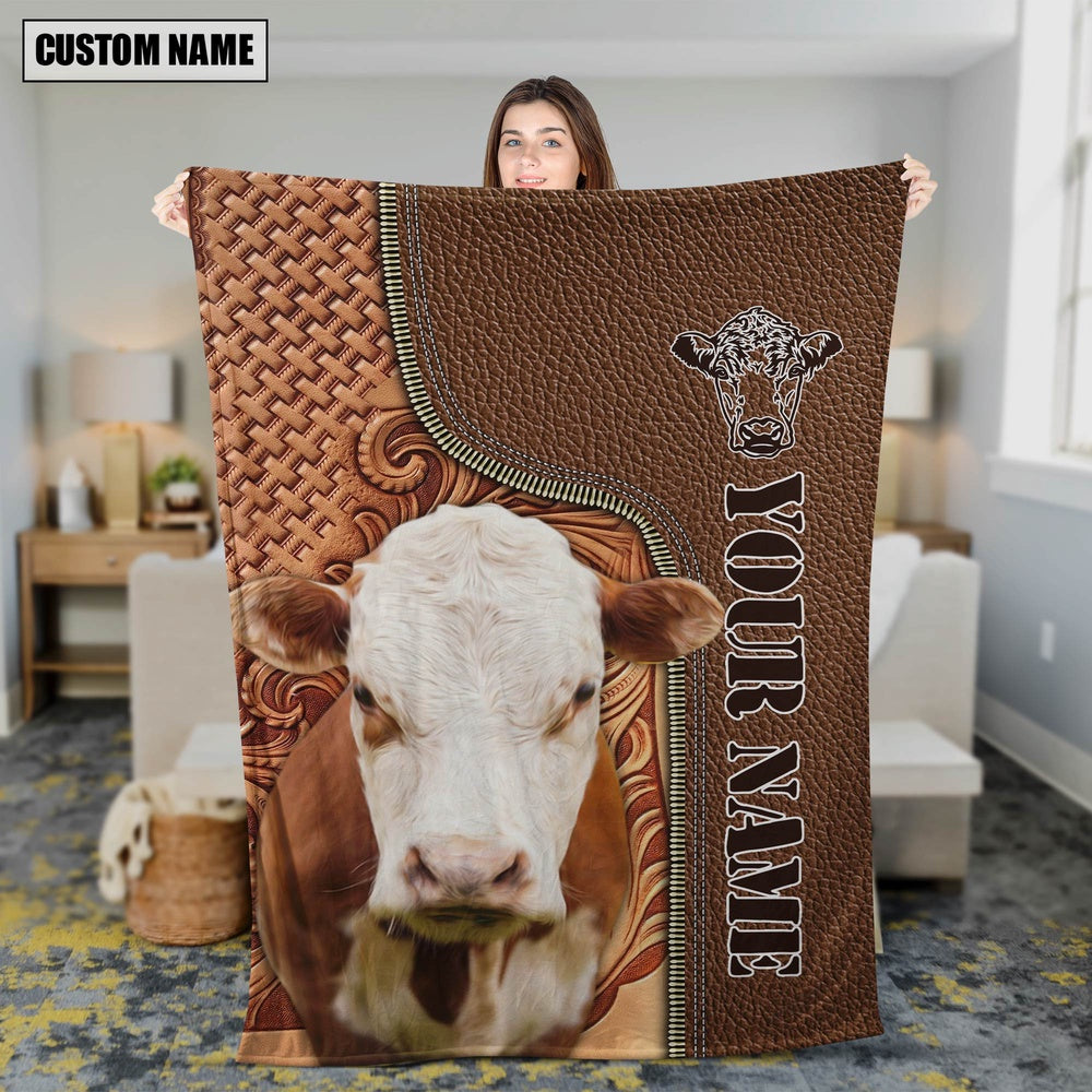 Custom Name Hereford Cattle Leather Carving Blanket, Farm Blanket, Farm Animal Blanket