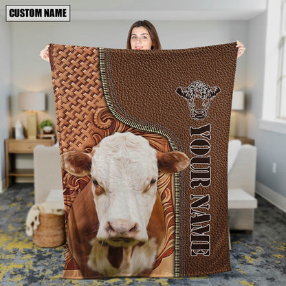 Custom Name Hereford Cattle Leather Carving Blanket, Farm Blanket, Farm Animal Blanket