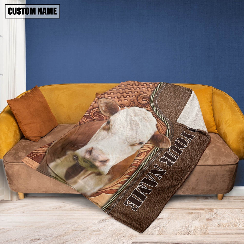 Custom Name Hereford Cattle Leather Carving Blanket, Farm Blanket, Farm Animal Blanket