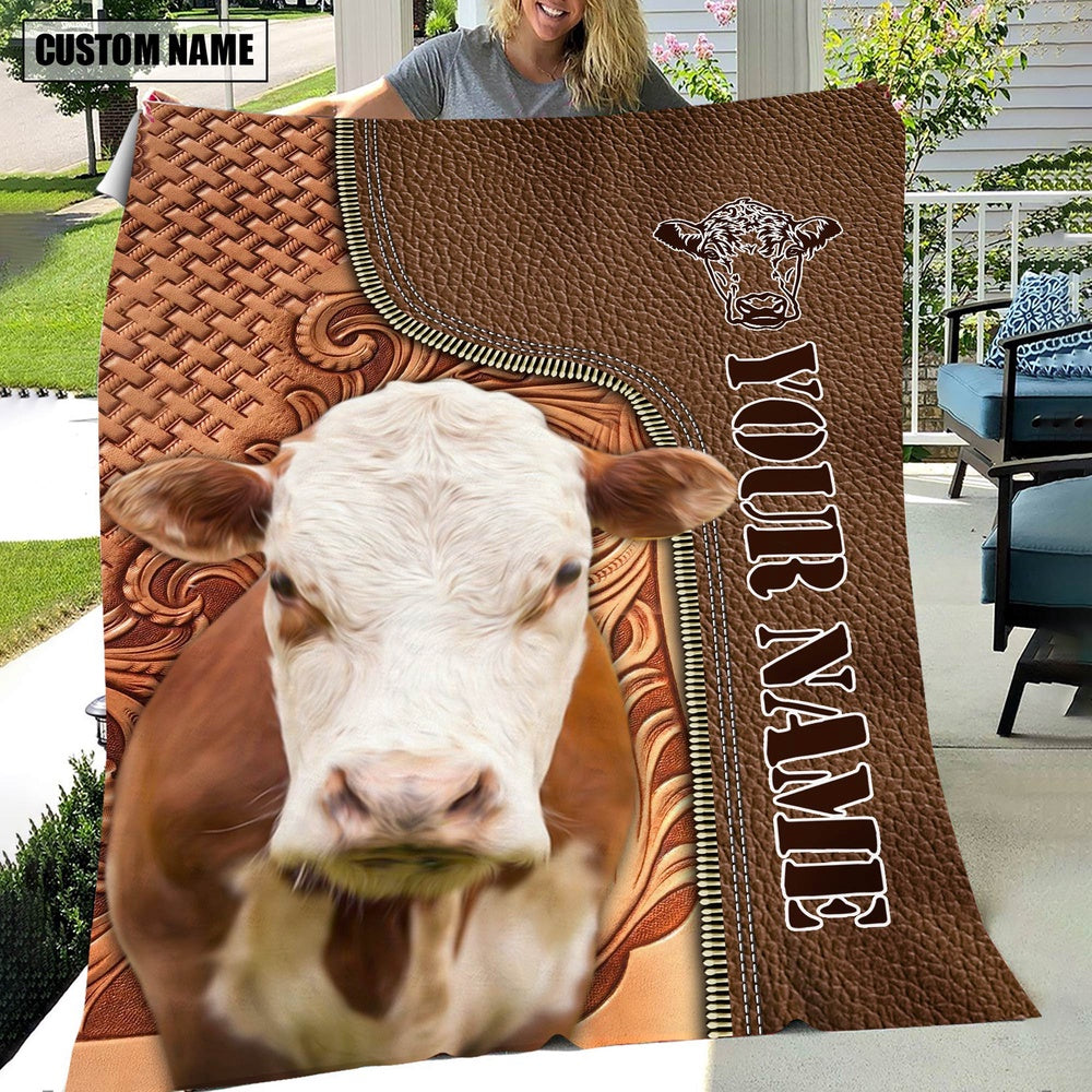Custom Name Hereford Cattle Leather Carving Blanket, Farm Blanket, Farm Animal Blanket