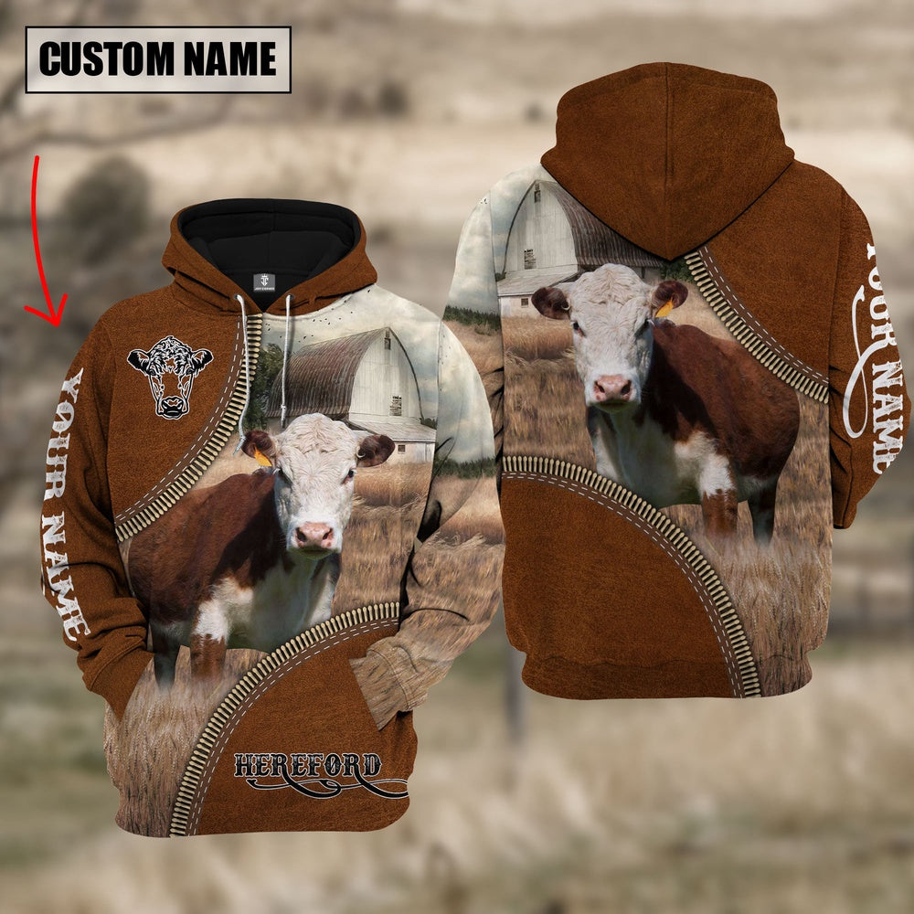 Custom Name Hereford Cattle Leather Zipper 3D Hoodie, Farmer Hoodie, Custom Farm Shirts, Farmer T Shirt