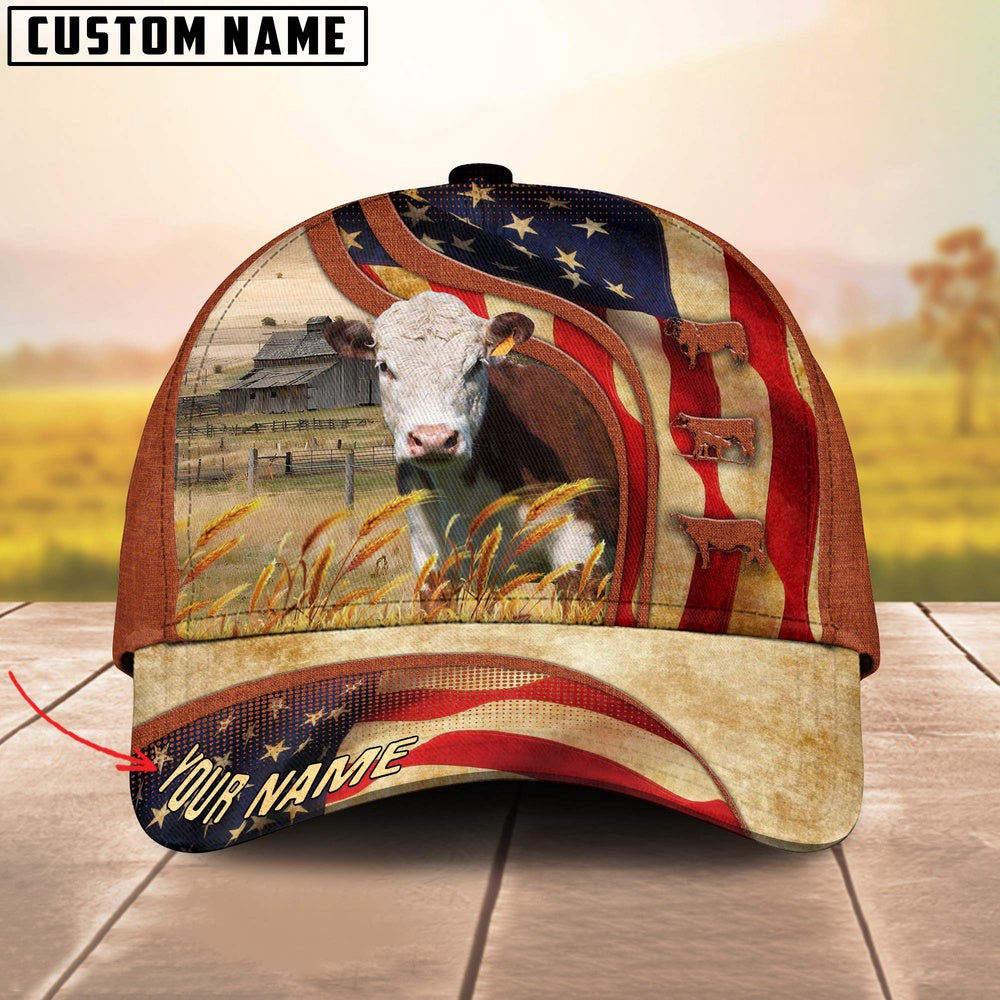 Custom Name Hereford Cattle US Flag 3D Cap, Farmer Cap, Vintage Farmer Hat, Mens Farmer Hats, Cap For Farmers
