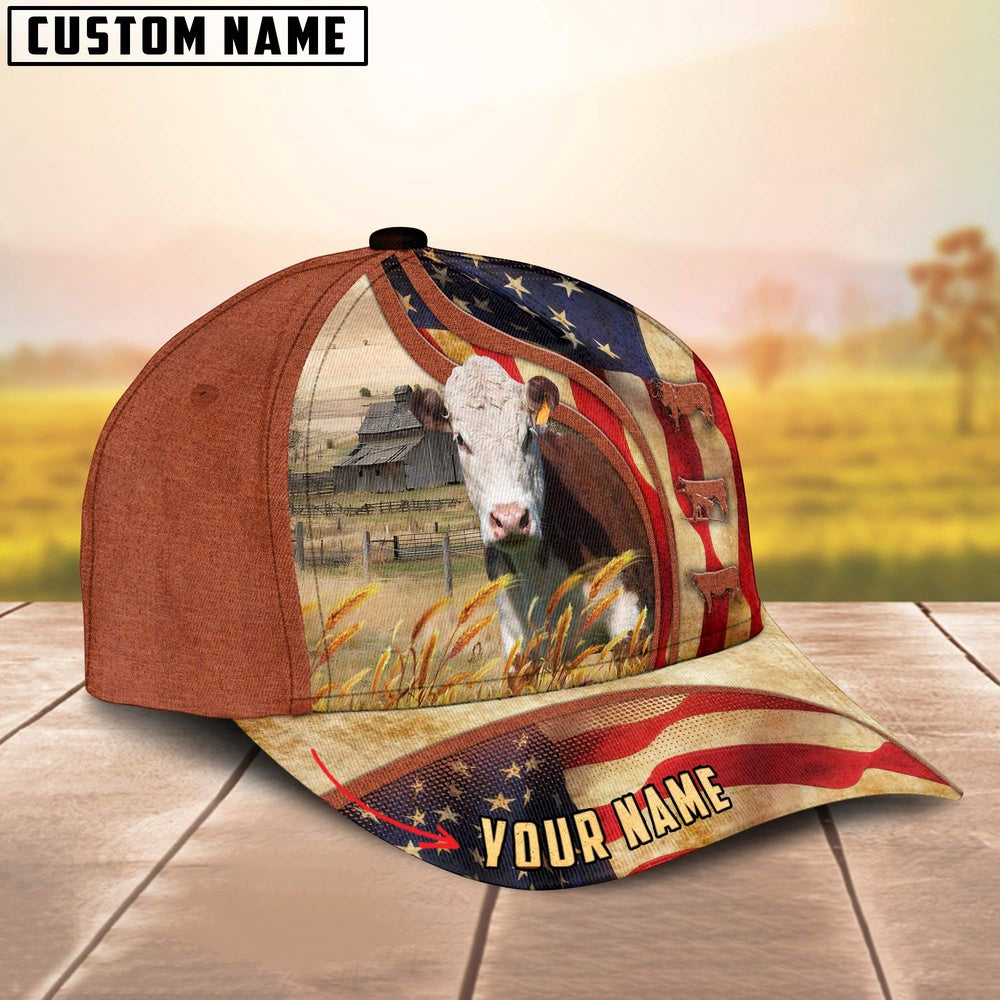 Custom Name Hereford Cattle US Flag 3D Cap, Farmer Cap, Vintage Farmer Hat, Mens Farmer Hats, Cap For Farmers