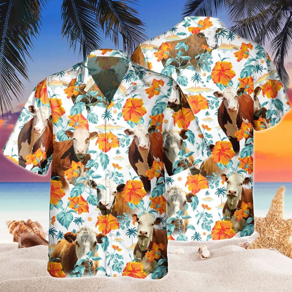 Custom Name Hereford Cow Hibiscus Flowers All 3D Printed Hawaiian shirt, Farm Hawaiian Shirt, Farmer Hawaii