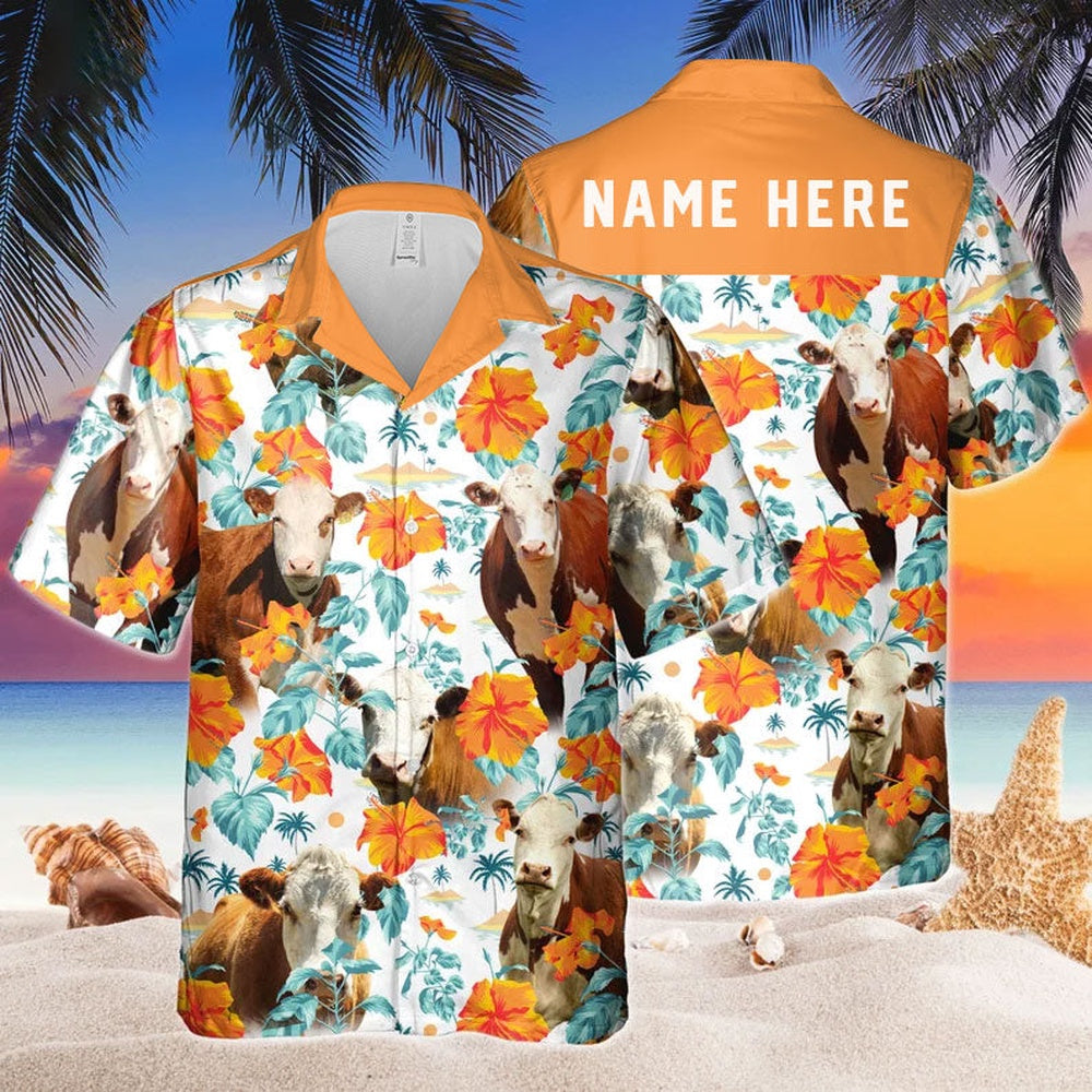 Custom Name Hereford Cow Hibiscus Flowers All 3D Printed Hawaiian shirt, Farm Hawaiian Shirt, Farmer Hawaii