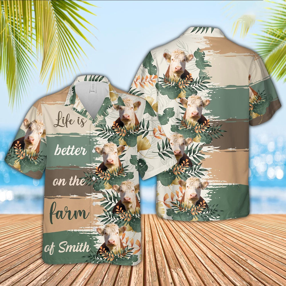 Custom Name Hereford Life Is Better On The Farm Hawaiian Shirt, Farm Hawaiian Shirt, Farmer Hawaii
