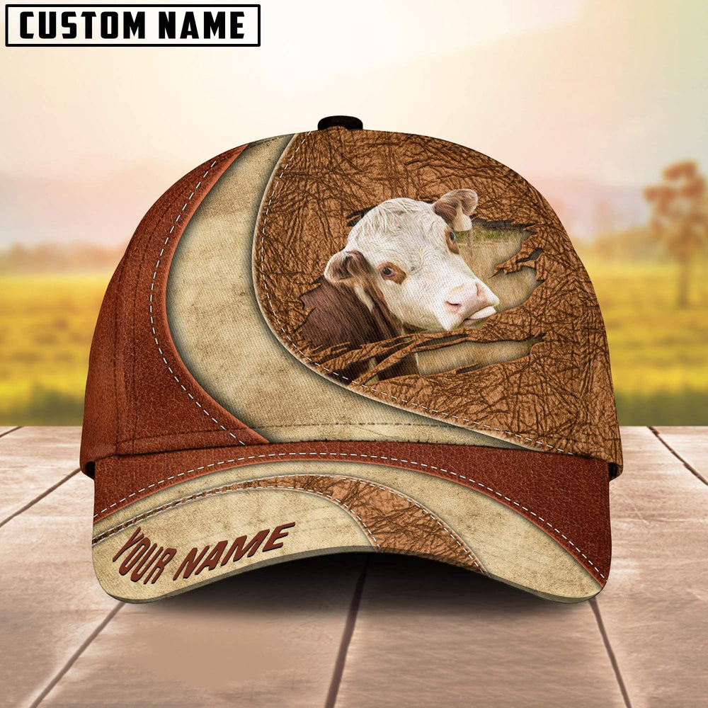 Custom Name Hereford Torn Leather Pattern Classic Cap, Farmer Cap, Vintage Farmer Hat, Mens Farmer Hats, Cap For Farmers