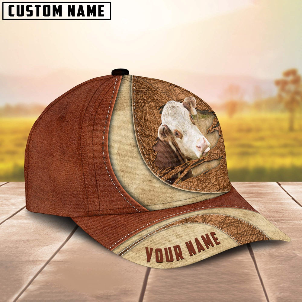 Custom Name Hereford Torn Leather Pattern Classic Cap, Farmer Cap, Vintage Farmer Hat, Mens Farmer Hats, Cap For Farmers