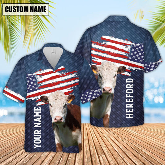 Custom Name Hereford US Flag Pattern Hawaiian Shirt, Farm Hawaiian Shirt, Farmer Hawaii