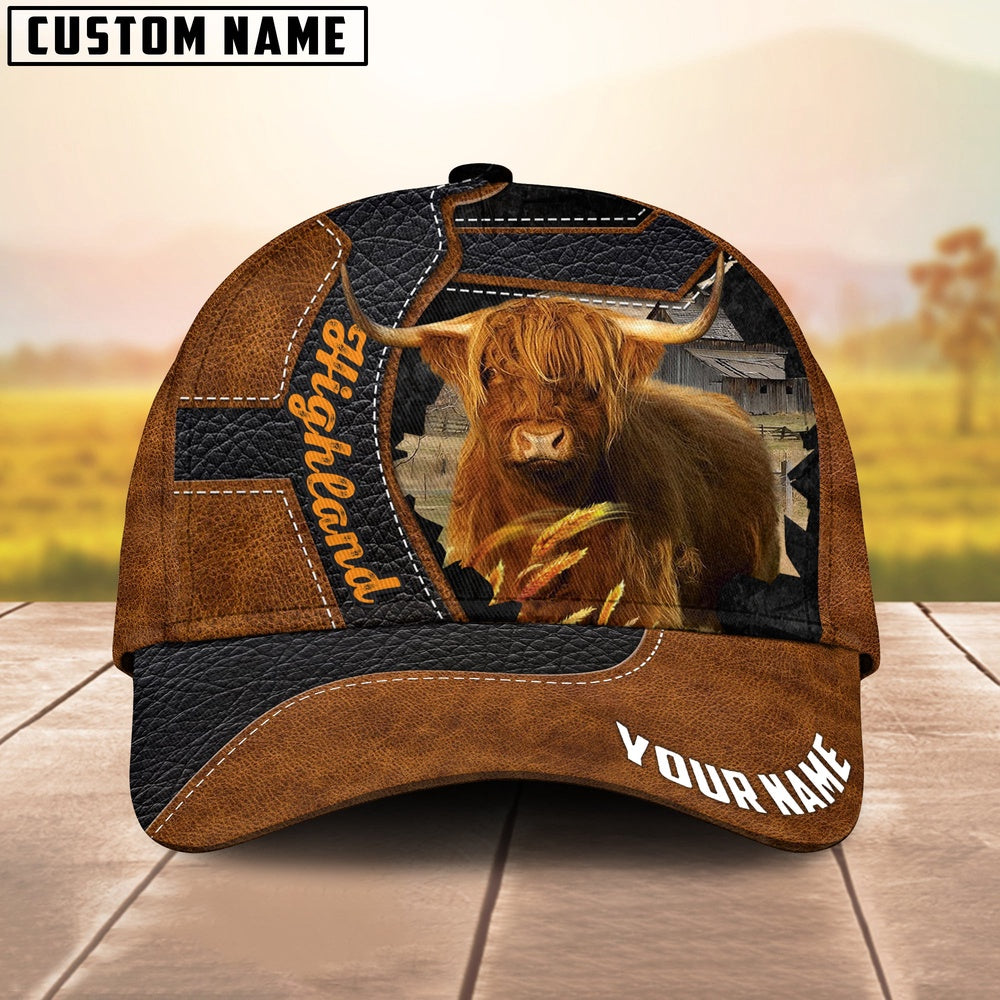 Custom Name Highland Brown Leather Pattern 3D Cap, Farmer Cap, Vintage Farmer Hat, Mens Farmer Hats, Cap For Farmers