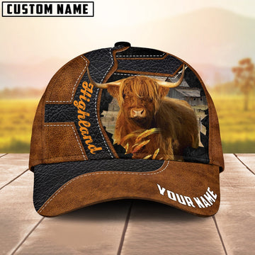 Custom Name Highland Brown Leather Pattern 3D Cap, Farmer Cap, Vintage Farmer Hat, Mens Farmer Hats, Cap For Farmers