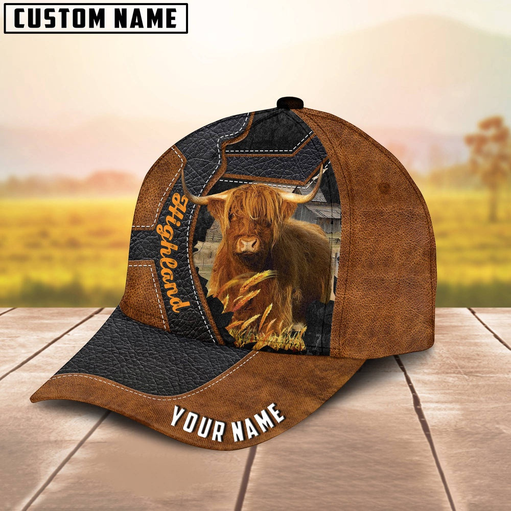 Custom Name Highland Brown Leather Pattern 3D Cap, Farmer Cap, Vintage Farmer Hat, Mens Farmer Hats, Cap For Farmers