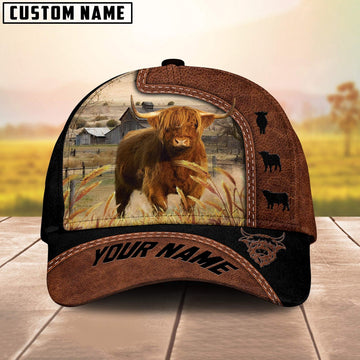 Custom Name Highland Cattle Brown Black Leather Pattern Cap, Farmer Cap, Vintage Farmer Hat, Mens Farmer Hats, Cap For Farmers