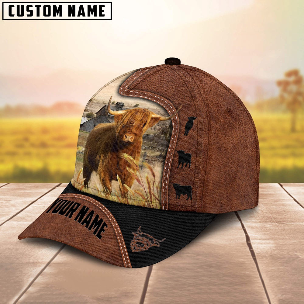 Custom Name Highland Cattle Brown Black Leather Pattern Cap, Farmer Cap, Vintage Farmer Hat, Mens Farmer Hats, Cap For Farmers