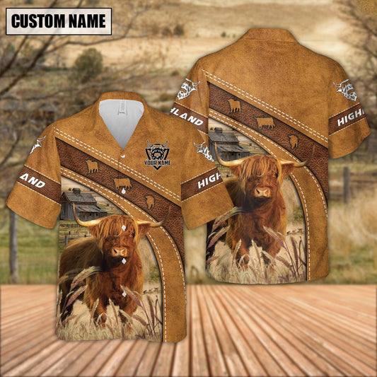 Custom Name Highland Cattle Leather Pattern Hawaiian Shirt, Farm Hawaiian Shirt, Farmer Hawaii