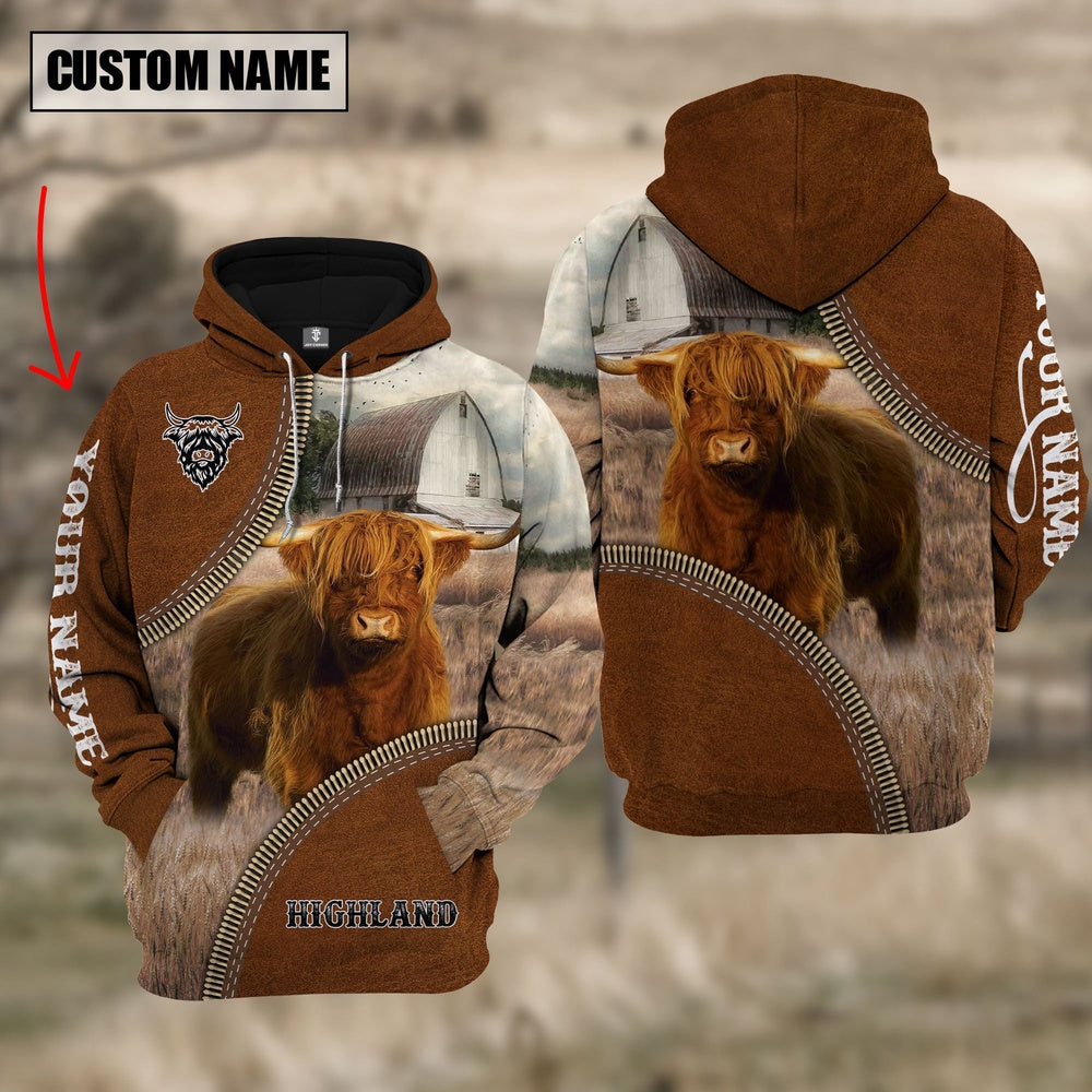 Custom Name Highland Cattle Leather Zipper 3D Hoodie, Farmer Hoodie, Custom Farm Shirts, Farmer T Shirt