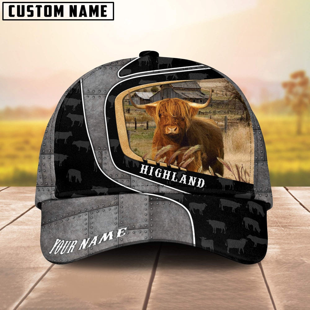 Custom Name Highland Cattle Metal Pattern Cap, Farmer Cap, Vintage Farmer Hat, Mens Farmer Hats, Cap For Farmers