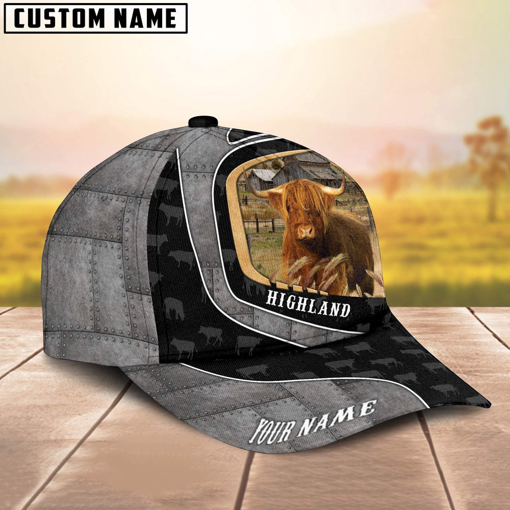 Custom Name Highland Cattle Metal Pattern Cap, Farmer Cap, Vintage Farmer Hat, Mens Farmer Hats, Cap For Farmers
