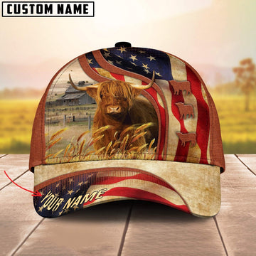 Custom Name Highland Cattle US Flag 3D Cap, Farmer Cap, Vintage Farmer Hat, Mens Farmer Hats, Cap For Farmers