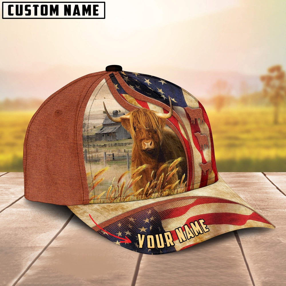Custom Name Highland Cattle US Flag 3D Cap, Farmer Cap, Vintage Farmer Hat, Mens Farmer Hats, Cap For Farmers