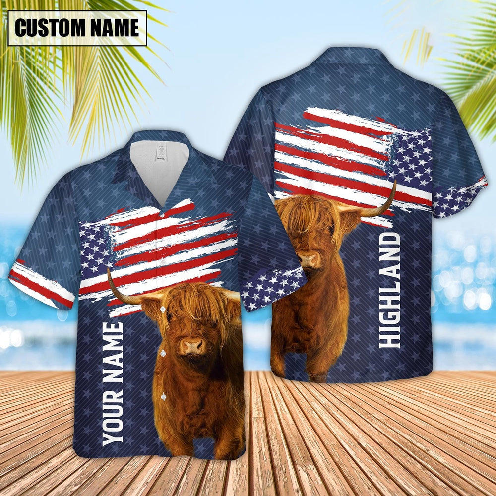 Custom Name Highland Cattle US Flag Pattern Hawaiian Shirt, Farm Hawaiian Shirt, Farmer Hawaii