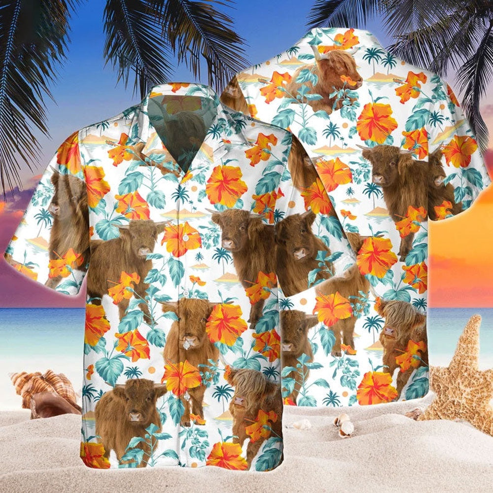 Custom Name Highland Cow Hibiscus Flowers All 3D Printed Hawaiian shirt, Farm Hawaiian Shirt, Farmer Hawaii