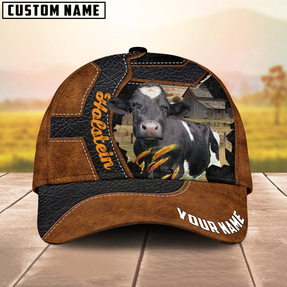 Custom Name Holstein Brown Leather Pattern 3D Cap, Farmer Cap, Vintage Farmer Hat, Mens Farmer Hats, Cap For Farmers