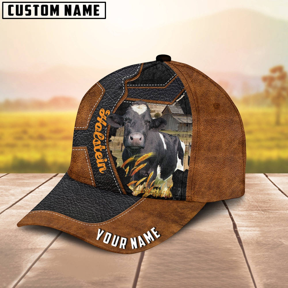 Custom Name Holstein Brown Leather Pattern 3D Cap, Farmer Cap, Vintage Farmer Hat, Mens Farmer Hats, Cap For Farmers
