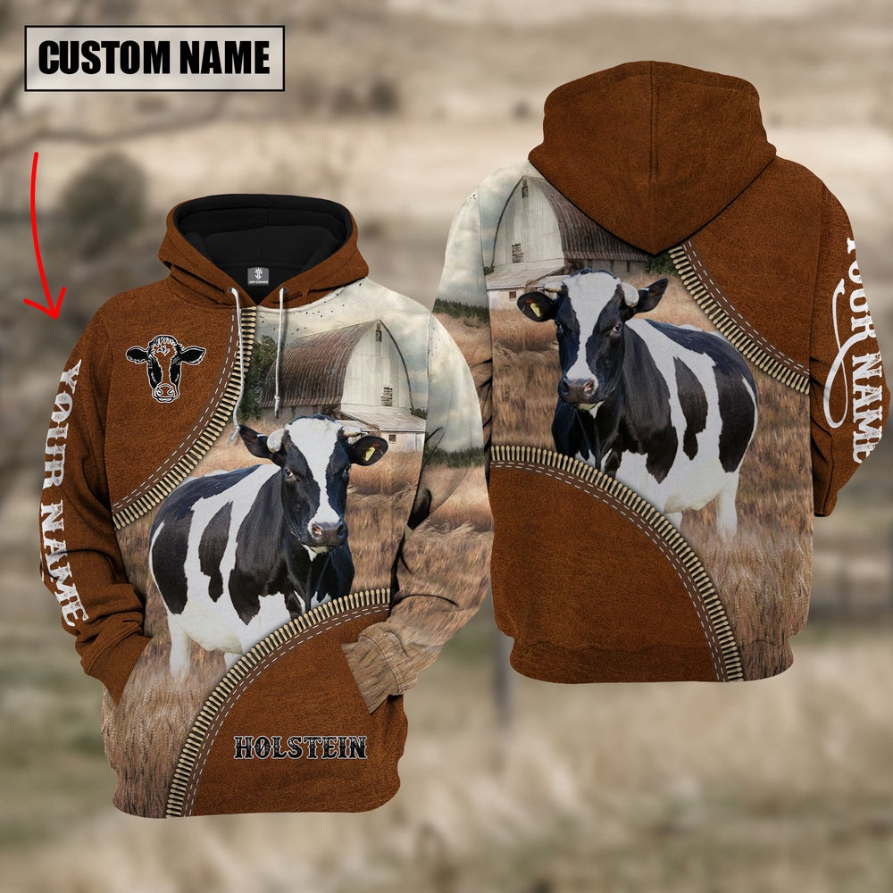 Custom Name Holstein Cattle Leather Zipper 3D Hoodie, Farmer Hoodie, Custom Farm Shirts, Farmer T Shirt