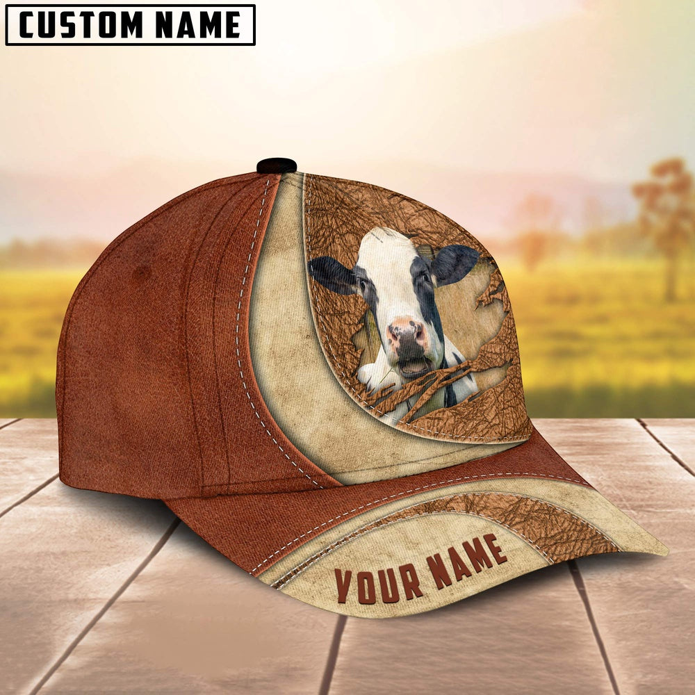 Custom Name Holstein Torn Leather Pattern Classic Cap, Farmer Cap, Vintage Farmer Hat, Mens Farmer Hats, Cap For Farmers