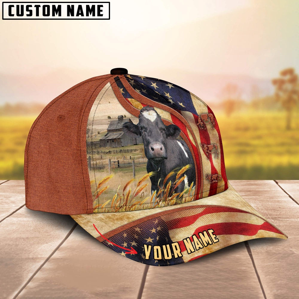 Custom Name Holstein US Flag 3D Cap, Farmer Cap, Vintage Farmer Hat, Mens Farmer Hats, Cap For Farmers